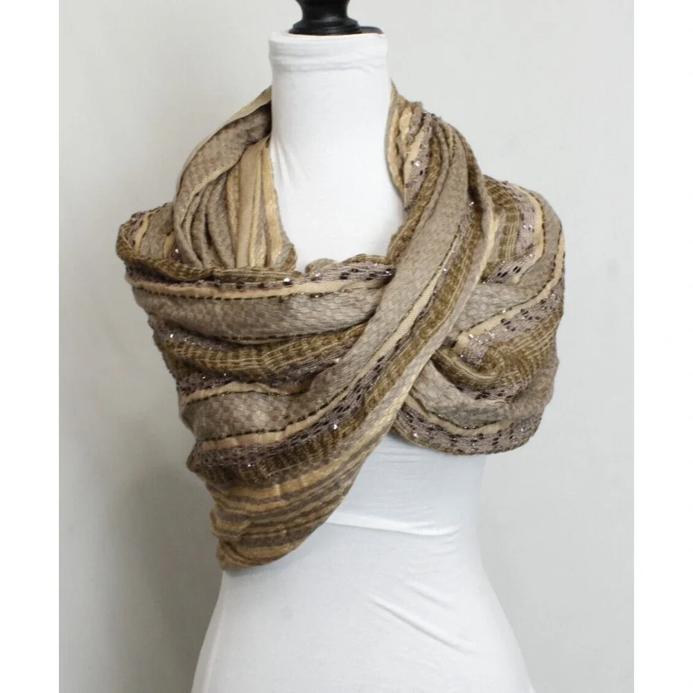 Charming Charlie Infinity Scarf‎ Metallic Gold Tan Pattern Texture Boho Chic